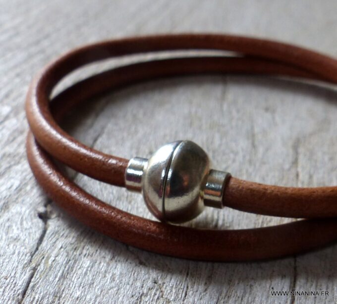 N2060 Bracelet cuir métal homme double tour fermoir boule aimanté - Bijoux colliers en ligne Ninanina