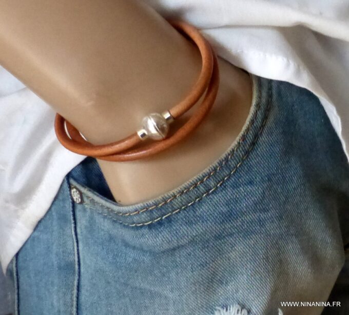 N2060a Bracelet cuir métal homme double tour fermoir boule aimanté - Bijoux colliers en ligne Ninanina