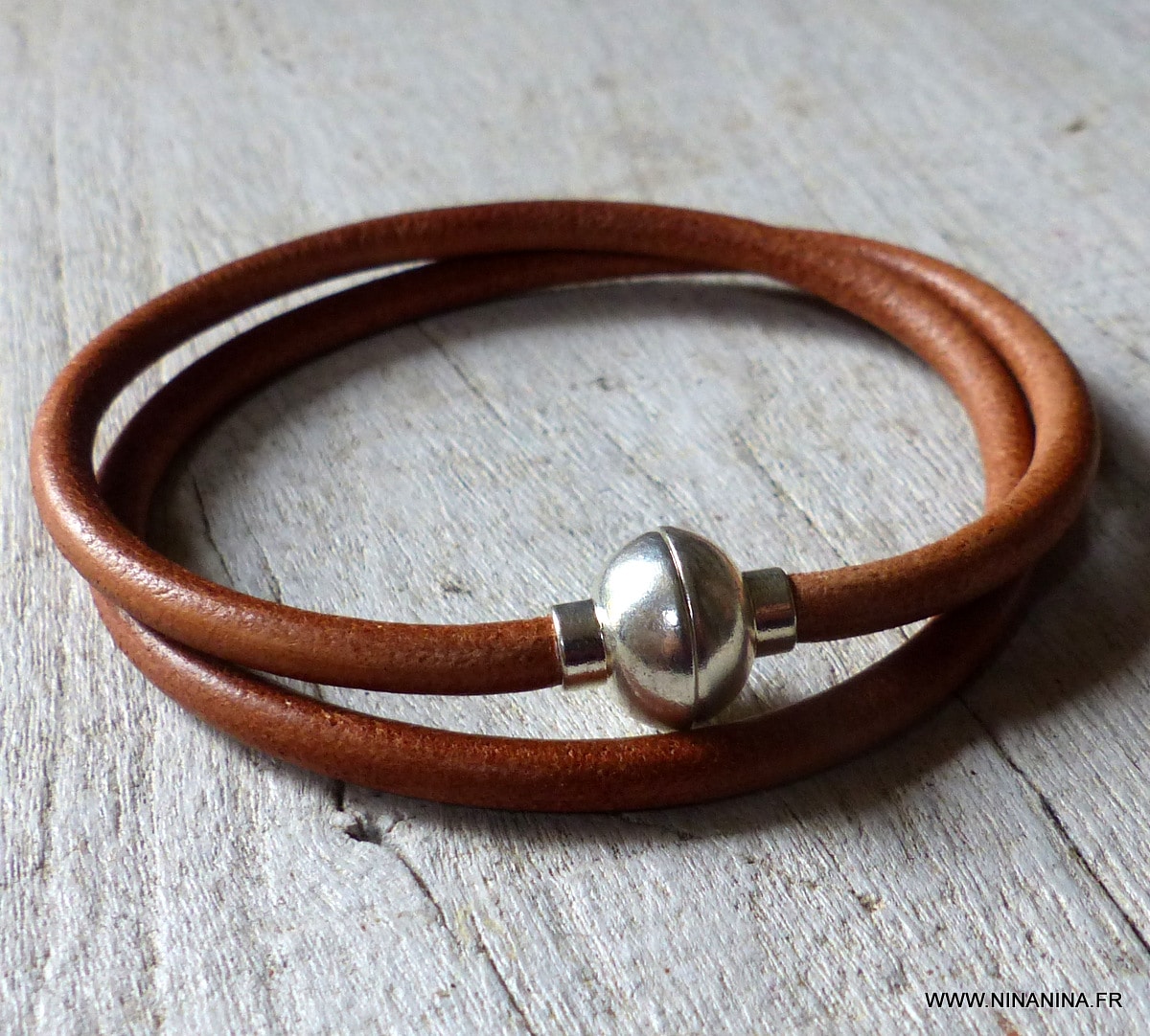 Bracelet double tours en cuir rond tressé fermoir boule 🇫🇷 - Les