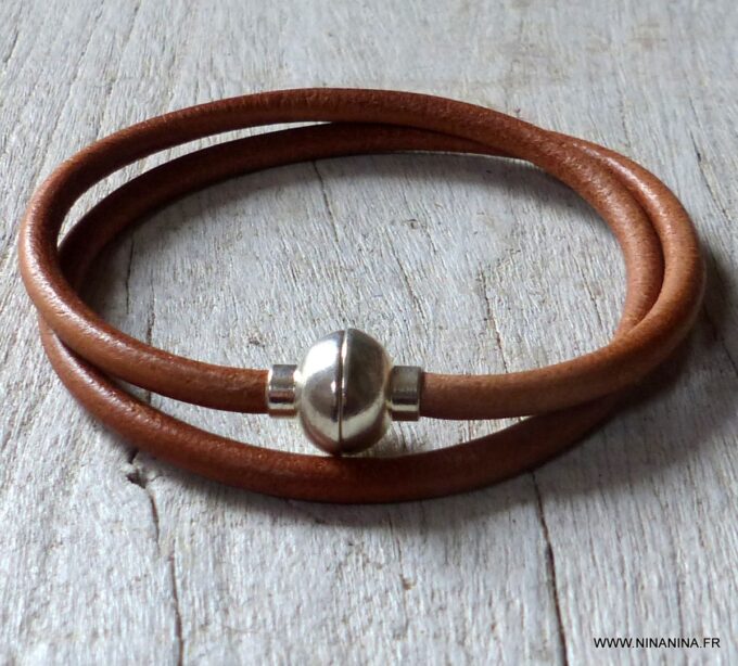 N2060d Bracelet cuir métal homme double tour fermoir boule aimanté - Bijoux colliers en ligne Ninanina