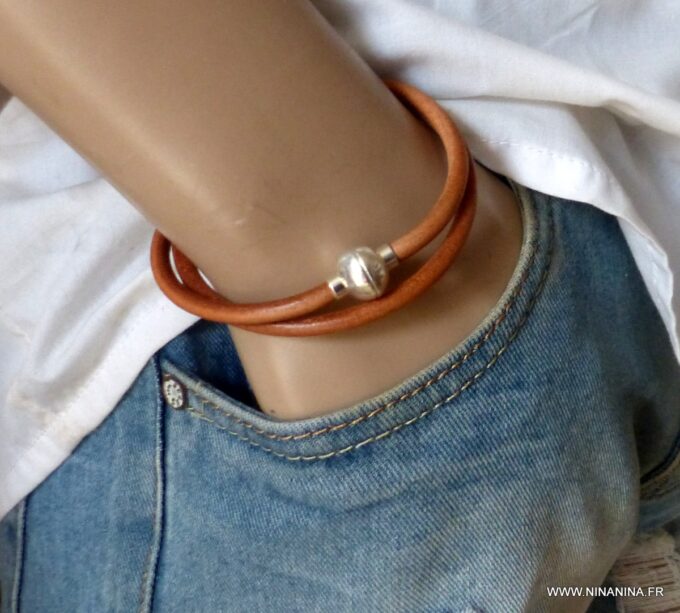N2060e Bracelet cuir métal homme double tour fermoir boule aimanté - Bijoux colliers en ligne Ninanina