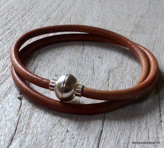 N2060f Bracelet cuir métal homme double tour fermoir boule aimanté - Bijoux colliers en ligne Ninanina