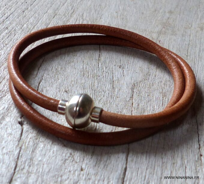 N2060i Bracelet cuir métal homme double tour fermoir boule aimanté - Bijoux colliers en ligne Ninanina