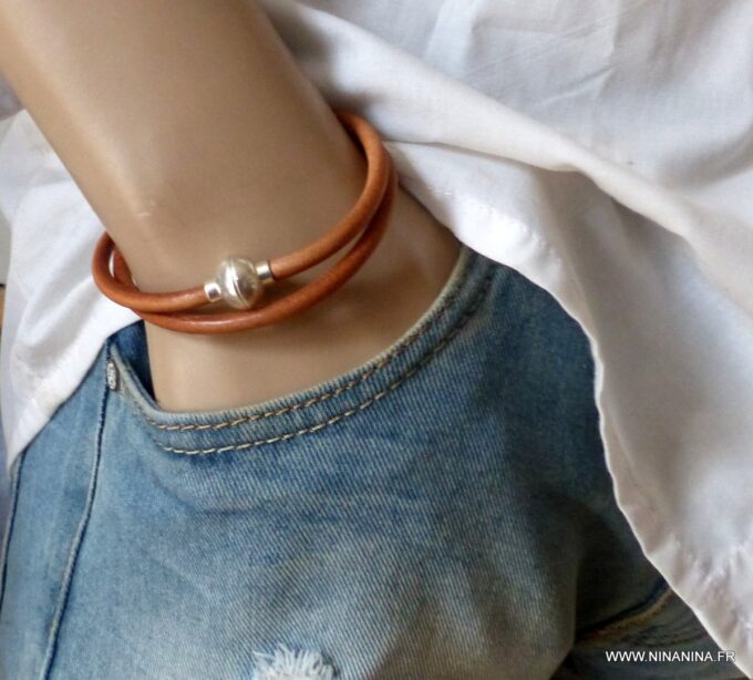 N2060j Bracelet cuir métal homme double tour fermoir boule aimanté - Bijoux colliers en ligne Ninanina