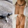 N2089 Collier nœud coulissant artisanal pour homme – Pendentif croix chrétienne en argent 925 sur cordon cuir réglable Ninanina