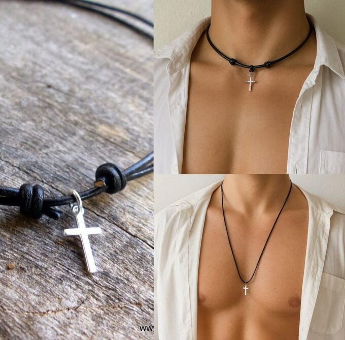N2089 Collier nœud coulissant artisanal pour homme – Pendentif croix chrétienne en argent 925 sur cordon cuir réglable Ninanina