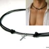N2089a Collier nœud coulissant artisanal pour homme – Pendentif croix chrétienne en argent 925 sur cordon cuir réglable Ninanina