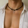 N2089c Collier nœud coulissant artisanal pour homme – Pendentif croix chrétienne en argent 925 sur cordon cuir réglable Ninanina