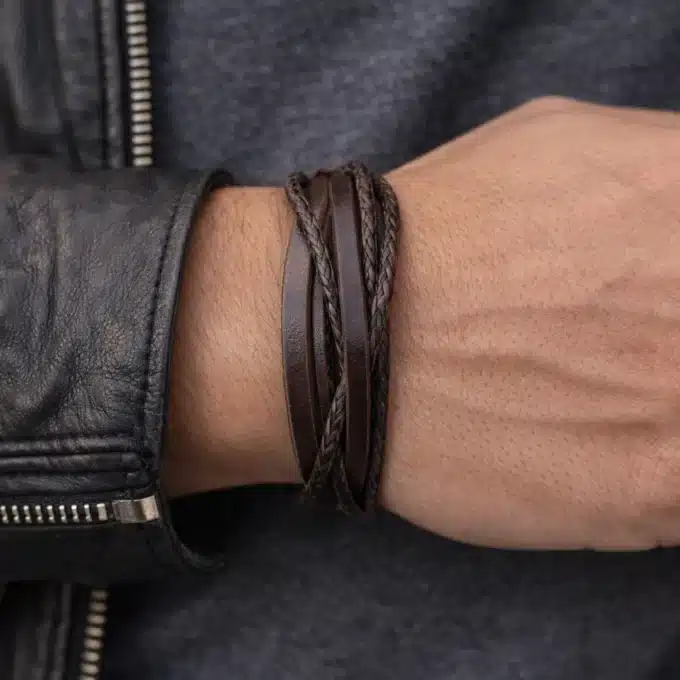 N2116 Bracelet homme cuir multirangs marron - Bijoux Bracelets hommes en ligne Ninanina