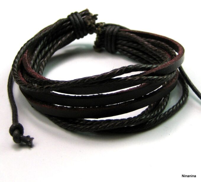 N2116d Bracelet homme cuir multirangs marron - Bijoux Bracelets hommes en ligne Ninanina