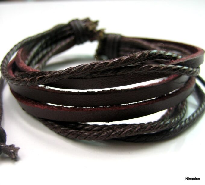 N2116e Bracelet homme cuir multirangs marron - Bijoux Bracelets hommes en ligne Ninanina