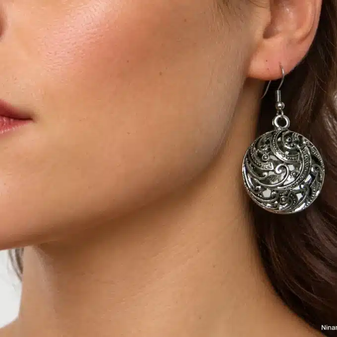N2125A Boucles D'oreilles femme boules plates filigranées artisanales - Bijoux d'oreille femmes en ligne Ninanina