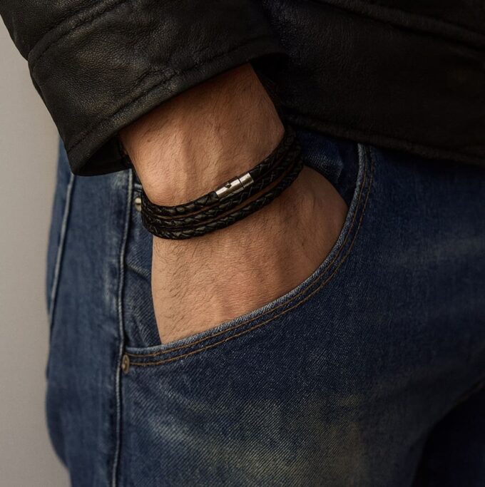 N2159b Bracelet Triple Tour Cuir Tressé Artisanal Et Fermoir Sécurisé Acier inoxydable - Bijoux Bracelets hommes en ligne Ninanina