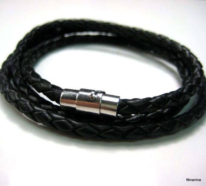 N2159c Bracelet Triple Tour Cuir Tressé Artisanal Et Fermoir Sécurisé Acier inoxydable - Bijoux Bracelets hommes en ligne Ninanina