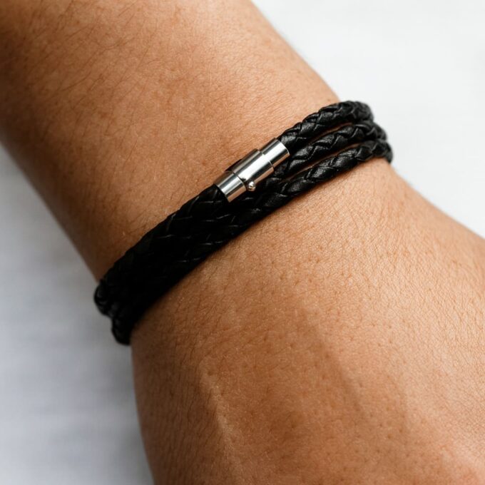 N2159d Bracelet Triple Tour Cuir Tressé Artisanal Et Fermoir Sécurisé Acier inoxydable - Bijoux Bracelets hommes en ligne Ninanina