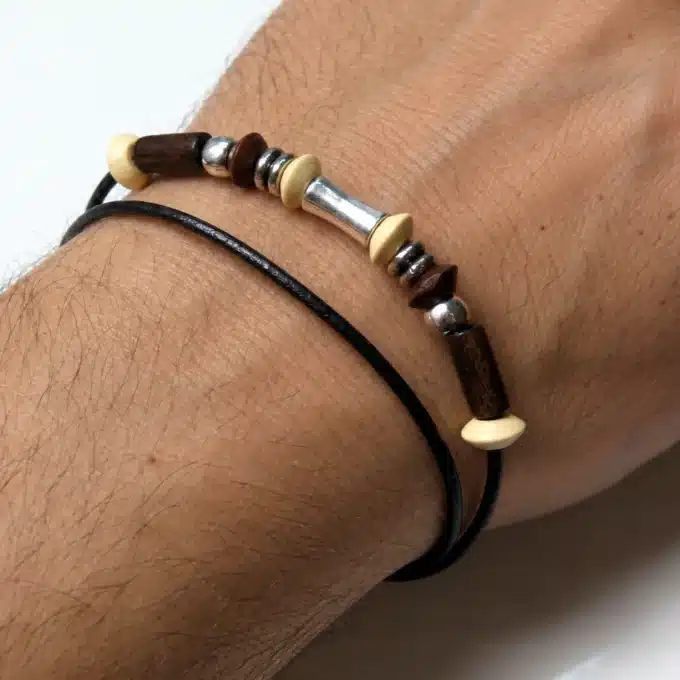 N2163 Bracelet double tour homme cuir tressé fermoir boule acier - Bijoux bracelets homme femme en ligne Ninanina