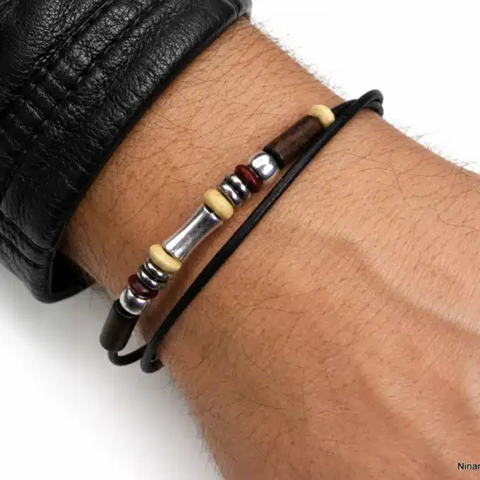 N2163a Bracelet double tour homme cuir tressé fermoir boule acier - Bijoux bracelets homme femme en ligne Ninanina