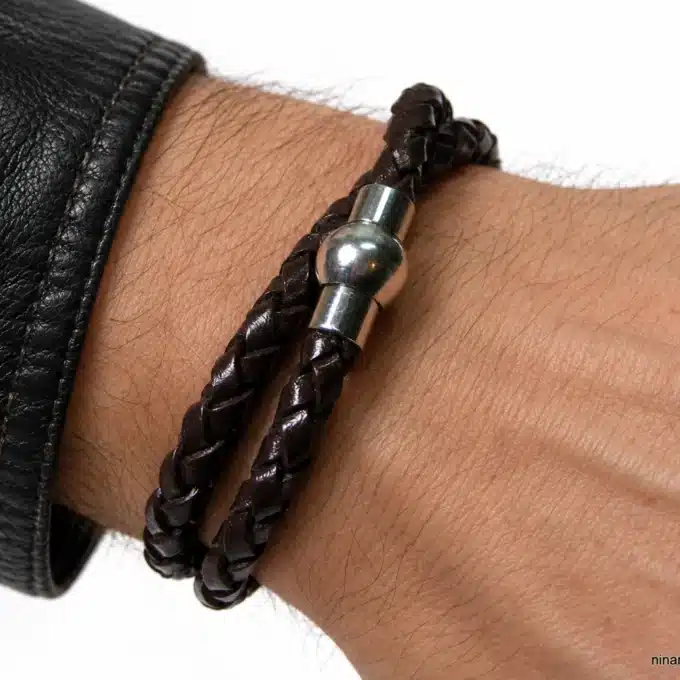 N2171 Bracelet double tour homme cuir tressé fermoir boule acier - Bijoux bracelets homme femme en ligne Ninanina