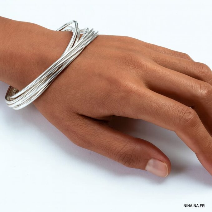 N2181 Bracelet Jonc Femme 10 Anneaux Entrelacés en Argent Plaqué – Élégance et Brillance Intemporelle - Bijoux Bracelets anneaux entrelacés en ligne Ninanina