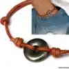 N2186 Bracelet donut pyrite de fer disque sur cordon cuir naturel - Bijoux bracelets homme femme en ligne Ninanina
