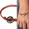 N2186c Bracelet donut pyrite de fer disque sur cordon cuir naturel - Bijoux bracelets homme femme en ligne Ninanina