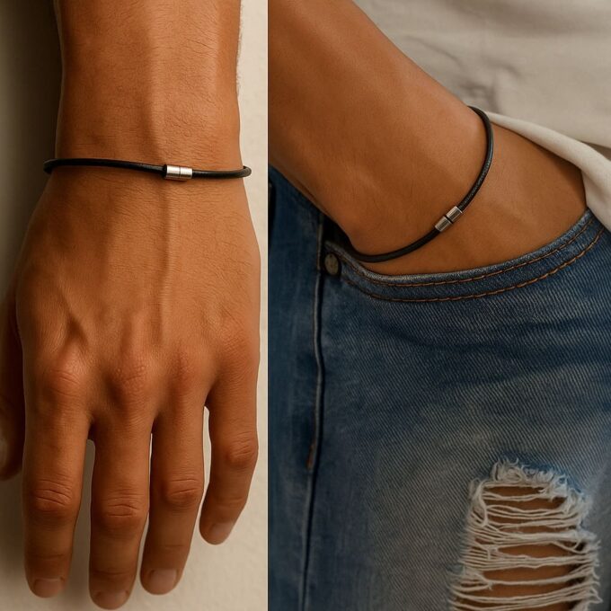 N2188b Bracelet fin cordon cuir artisanal fermoir aimanté acier inoxydable argenté - Bijoux Bracelets en ligne Ninanina