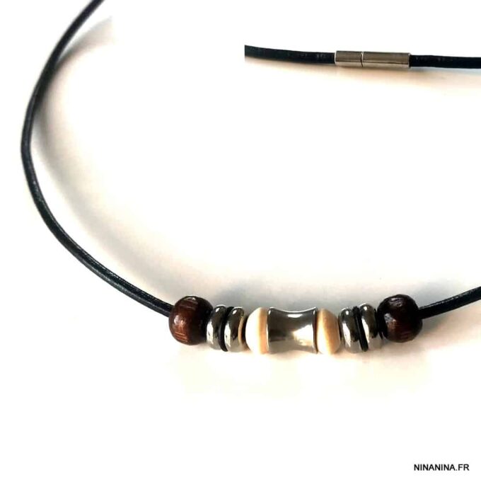 N2194b Collier perles de bois et Acier homme sur cordon cuir - Bijoux Colliers en ligne Ninanina
