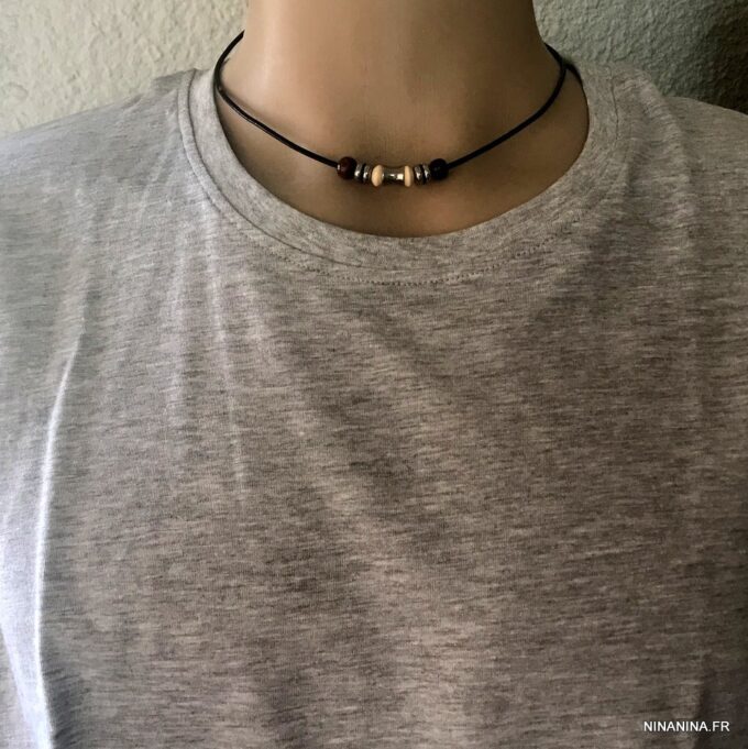 N2194c Collier perles de bois et Acier homme sur cordon cuir - Bijoux Colliers en ligne Ninanina