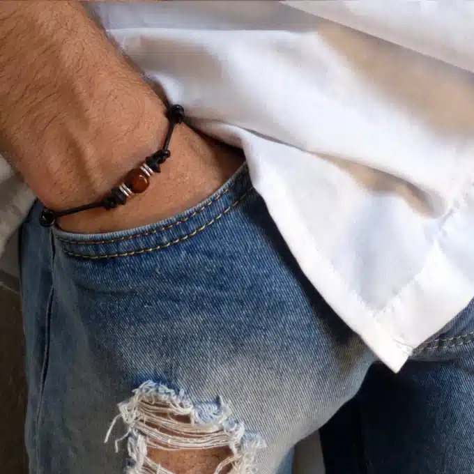 N2223b Bracelet homme perle bois carrée et rondelle argent cordon cuir – Bijoux Bracelets Hommes en ligne Ninanina