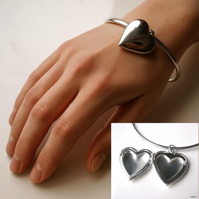 N2243b Bracelet Jonc Fin Femme avec Pendentif Cœur Porte Photo en Argent Plaqué – Bijou Artisanal et Sentimental - Bijoux Bracelets photo en ligne Ninanina