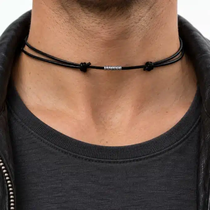 N2245 Collier cordon Cuir homme perles Argent 925 massif - Bijoux colliers hommes en ligne Ninanina