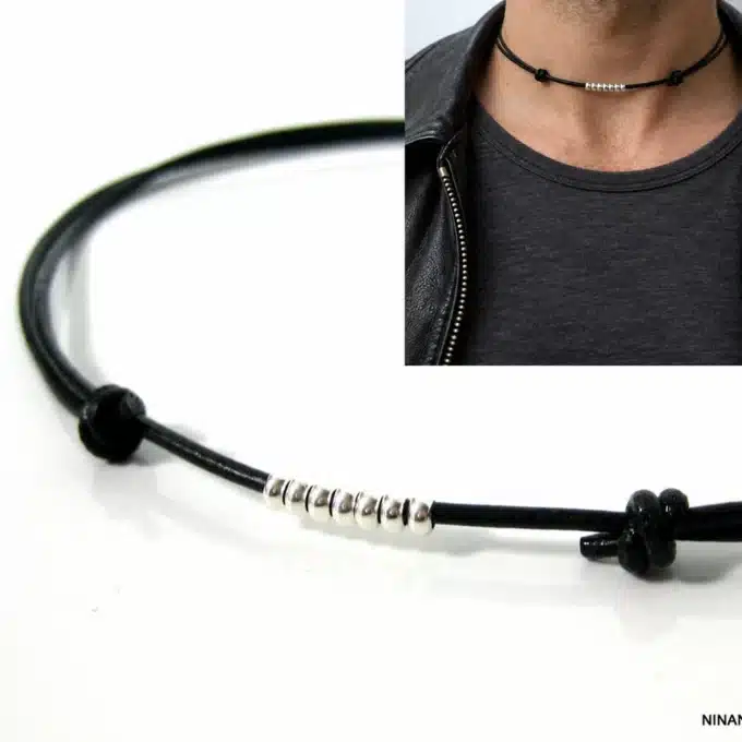 N2245a Collier cordon Cuir homme perles Argent 925 massif - Bijoux colliers hommes en ligne Ninanina