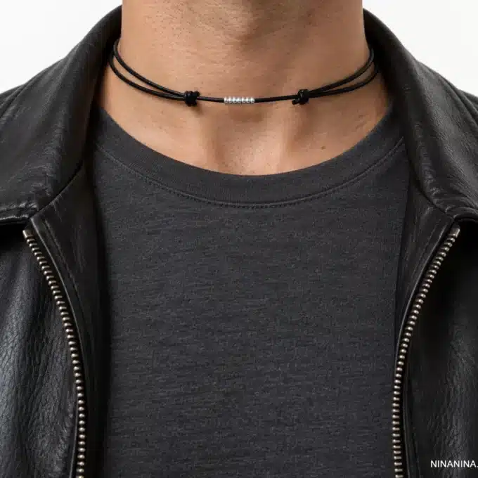 N2245b Collier cordon Cuir homme perles Argent 925 massif - Bijoux colliers hommes en ligne Ninanina