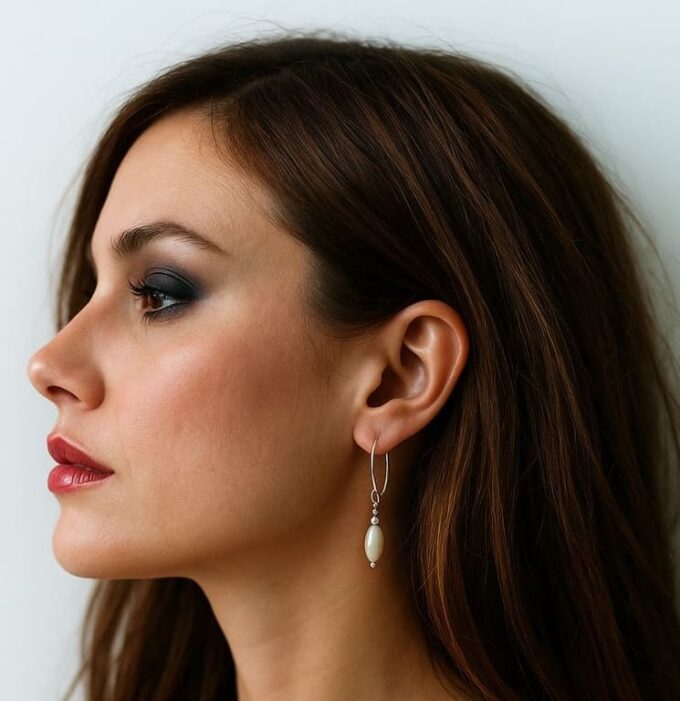 N2248b Boucles d'oreilles en Nacre Blanche Argent 925 massif - Bijou de Mariage Pendentif Ovale Artisanal - Bijoux d'oreille mariage en ligne Ninanina