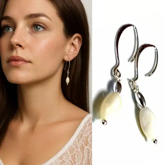 N2248d Boucles d'oreilles en Nacre Blanche Argent 925 massif - Bijou de Mariage Pendentif Ovale Artisanal - Bijoux d'oreille mariage en ligne Ninanina