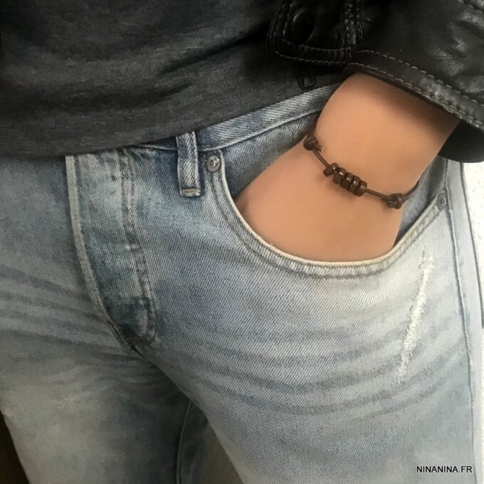 N2281f Bracelet cordons cuir perles rondelles bois marron - Bijoux Bracelets en ligne Ninanina