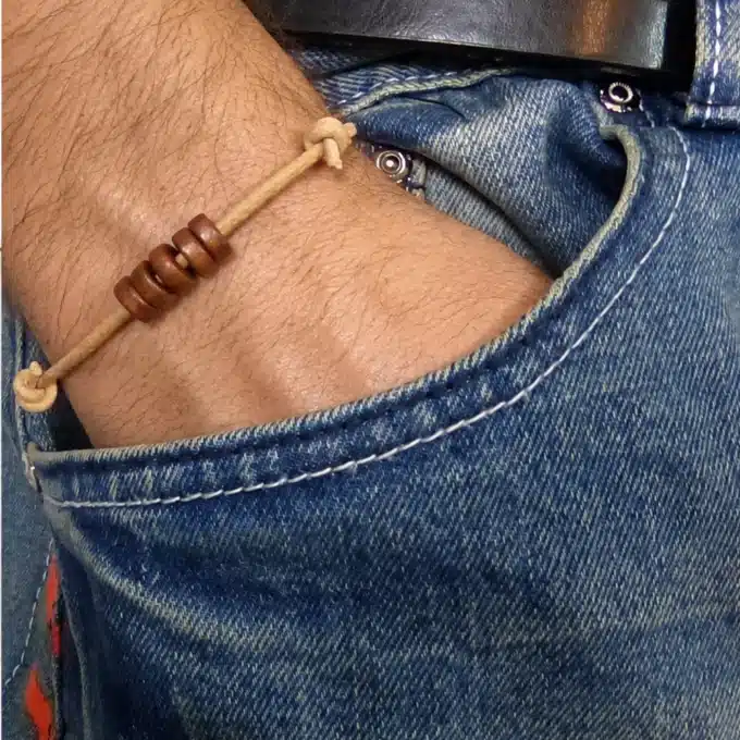 N2281h Bracelet cordons cuir perles rondelles bois marron – Bijoux Bracelets en ligne Ninanina