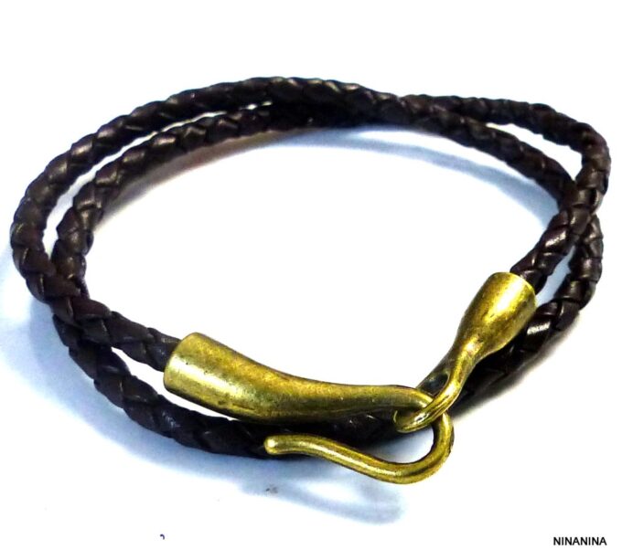N2283ter Bracelet homme cordon cuir tressé fermoir crochet métal bronze