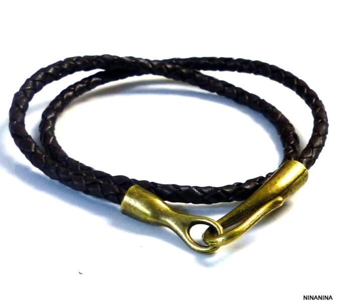 N2283terc Bracelet homme cordon cuir tressé fermoir crochet métal bronze