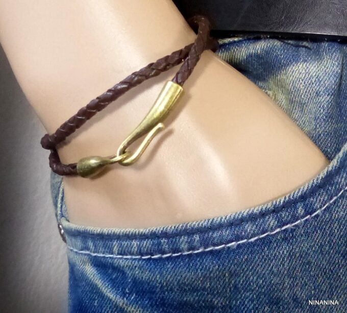 N2283terd Bracelet homme cordon cuir tressé fermoir crochet métal bronze
