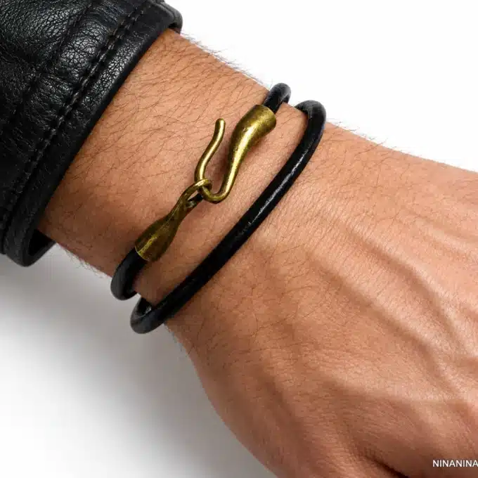 N2285a Bracelet homme 2 tours cuir fermoir crochet métal bronze - Bijoux bracelets hommes en ligne Ninanina