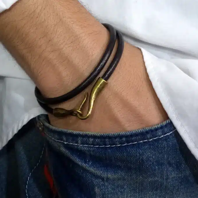 N2285b Bracelet homme 2 tours cuir fermoir crochet métal bronze - Bijoux bracelets hommes en ligne Ninanina