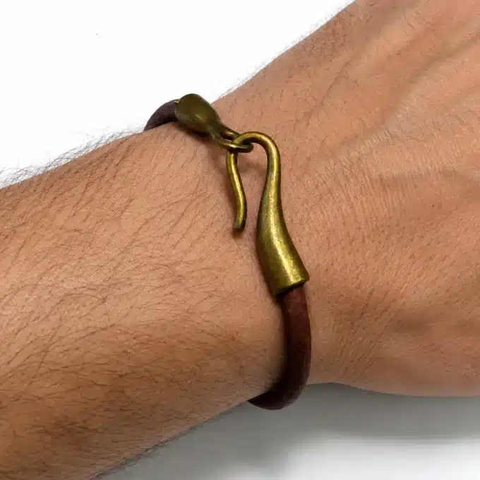 N2286a Bracelet homme fermoir crochet métal bronze cordon cuir - Bijoux bracelets hommes en ligne Ninanina
