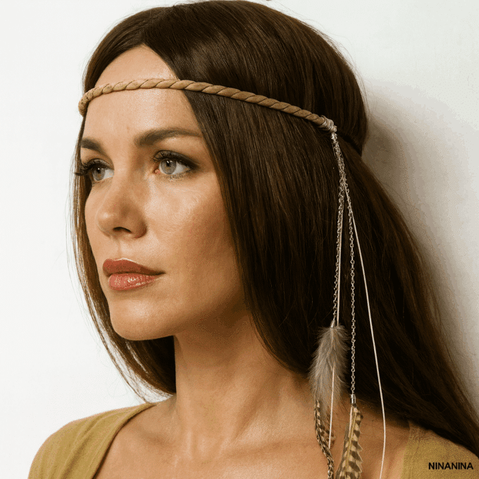 N2293 Headband Boheme Chic Cordon Cuir Tressé Et Plumes Naturelles - Accessoires de coiffure en ligne Ninanina