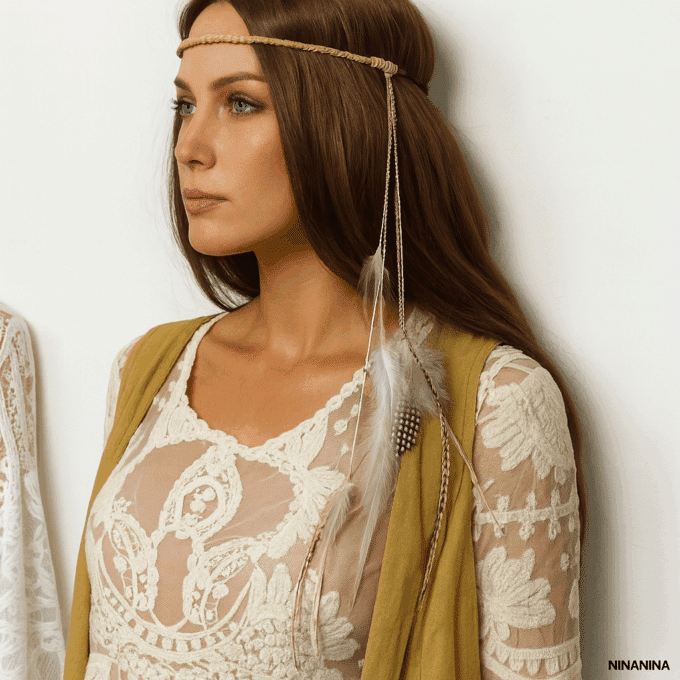 N2293a Headband Boheme Chic Cordon Cuir Tressé Et Plumes Naturelles - Accessoires de coiffure en ligne Ninanina