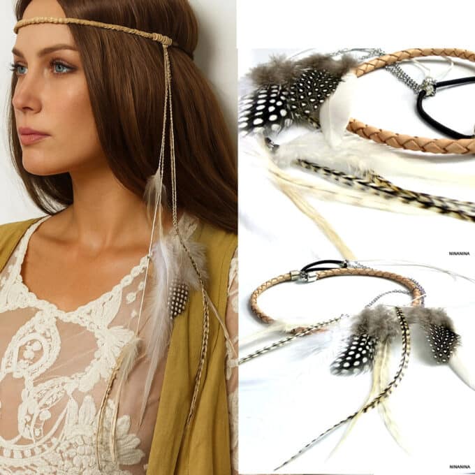N2293b Headband Boheme Chic Cordon Cuir Tressé Et Plumes Naturelles - Accessoires de coiffure en ligne Ninanina