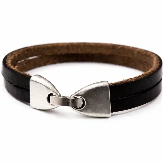 N2300 Bracelet Homme Artisanal - Lacet Double Cuir Et Fermoir Crochet Métal Argenté - Bijoux Bracelets hommes en ligne Ninanina