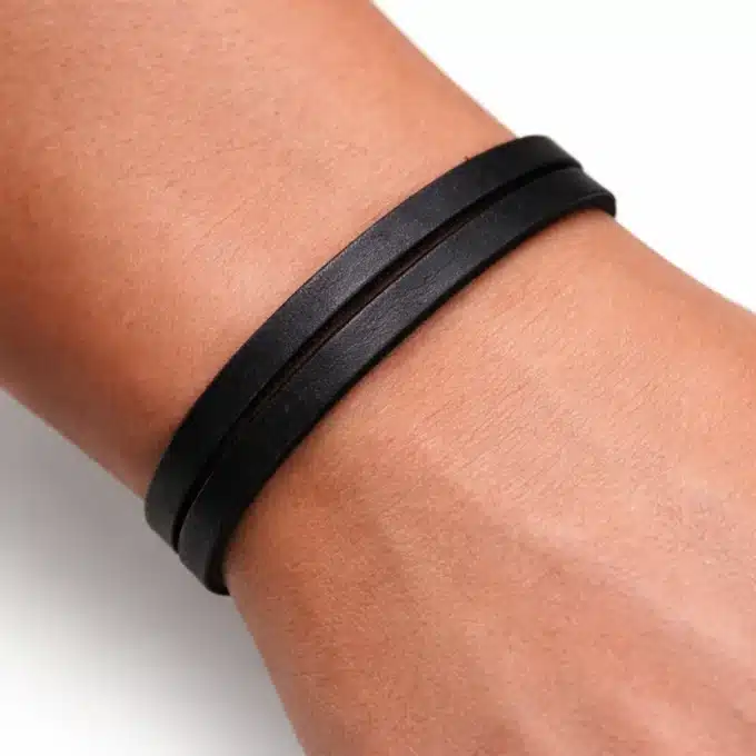 N2300c Bracelet Homme Artisanal - Lacet Double Cuir Et Fermoir Crochet Métal Argenté - Bijoux Bracelets hommes en ligne Ninanina