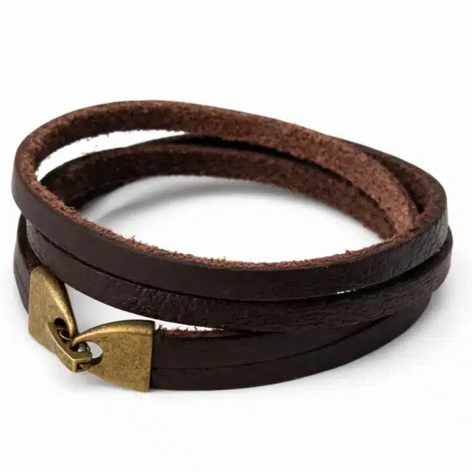 N2301b Bracelet Homme Cuir Marron Artisanal - Double Tour Et Fermoir Crochet Métal Bronze - Bijoux Bracelets hommes en ligne Ninanina