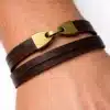 N2301c Bracelet Homme Cuir Marron Artisanal - Double Tour Et Fermoir Crochet Métal Bronze - Bijoux Bracelets hommes en ligne Ninanina